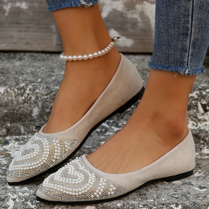 Stilla | Chic Dame Slip on Flats Med Hjerte Pearl & Strass, Elegante Sommer Flats