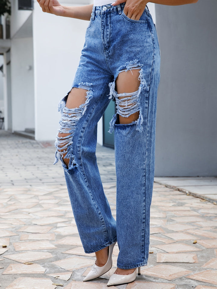 Stilla | Høj Talje Bred Ben Slidte Denim Jeans Bukser