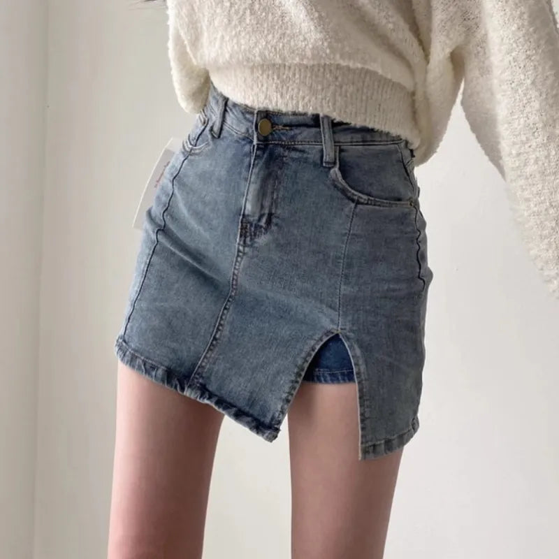 Stilla | Høj Talje Jeans Nederdel med Sidelange Slids
