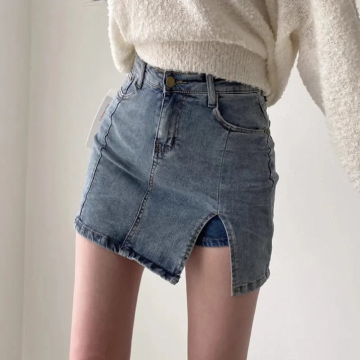 Stilla | Høj Talje Jeans Nederdel med Sidelange Slids