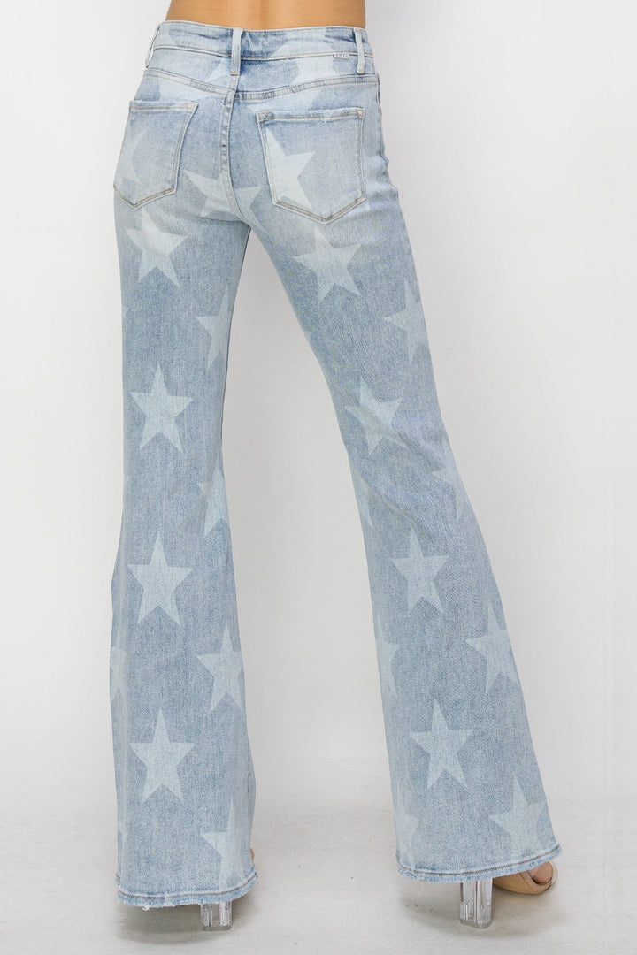 Stilla | Mellemhøj Talje Knap Gennemsigtig Start Print Flare Jeans