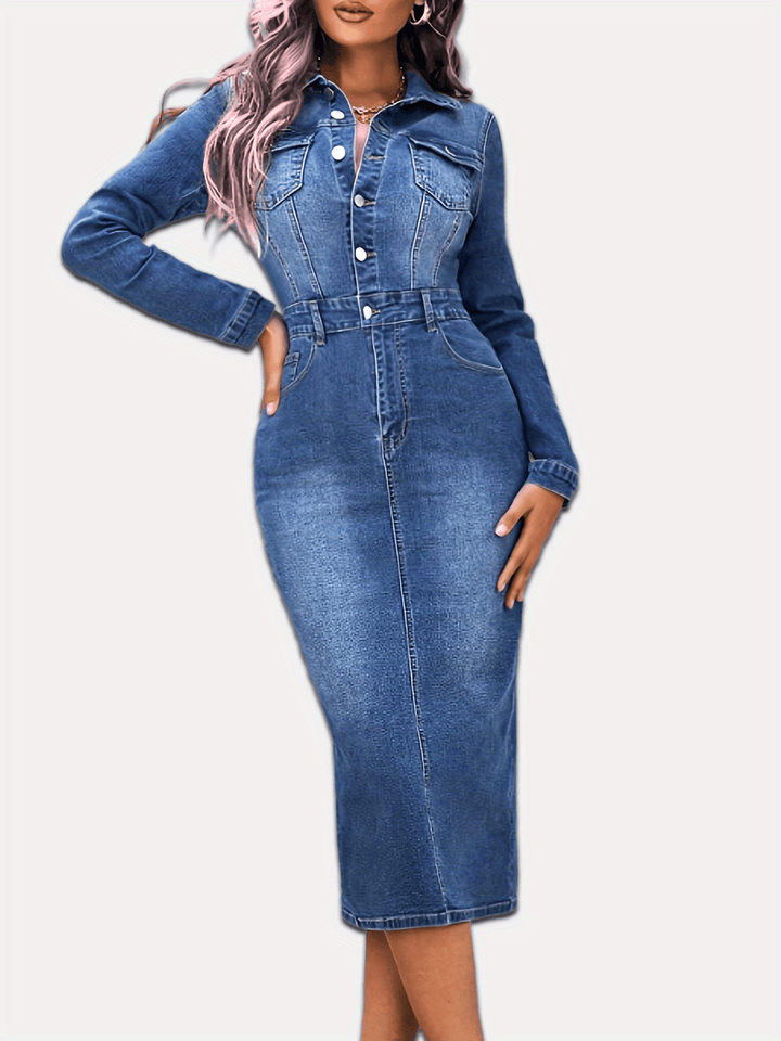 Stilla | Blå Denimkjole Med Lange Ærmer