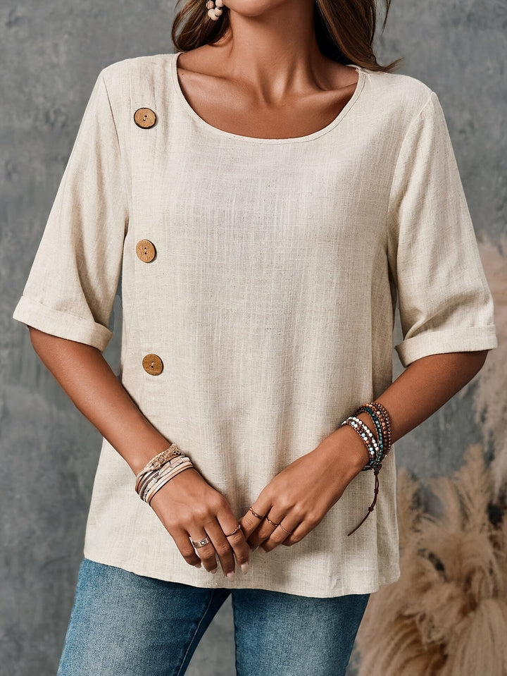 Stilla | Bluse Med Knapper Khaki, Halvlange Ærmer Afslappet Top