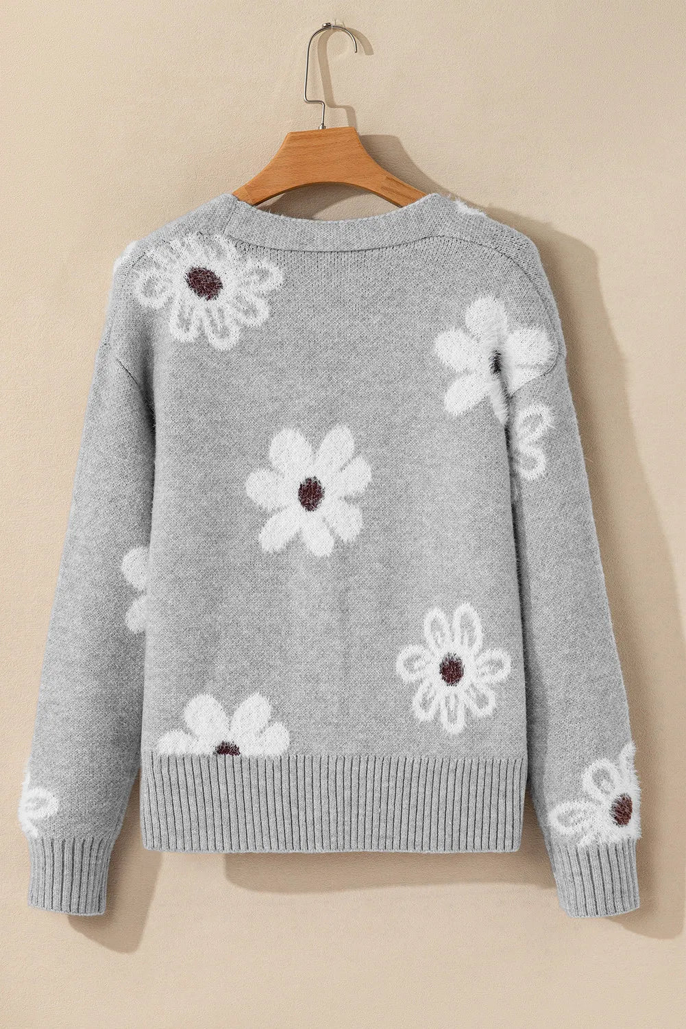 Stilla | Blomster Strikjakke Med Lange Ærmer og Knapper