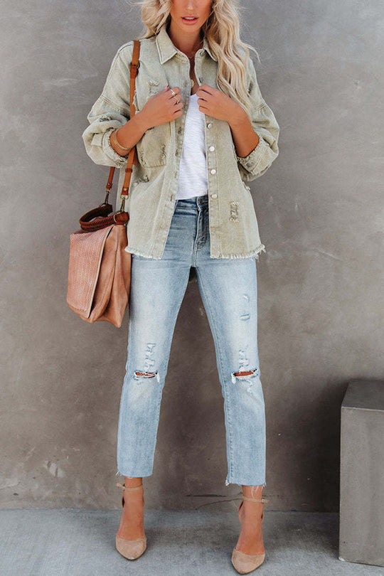 Stilla | Revers Langærmet Ripped Denim Jakke