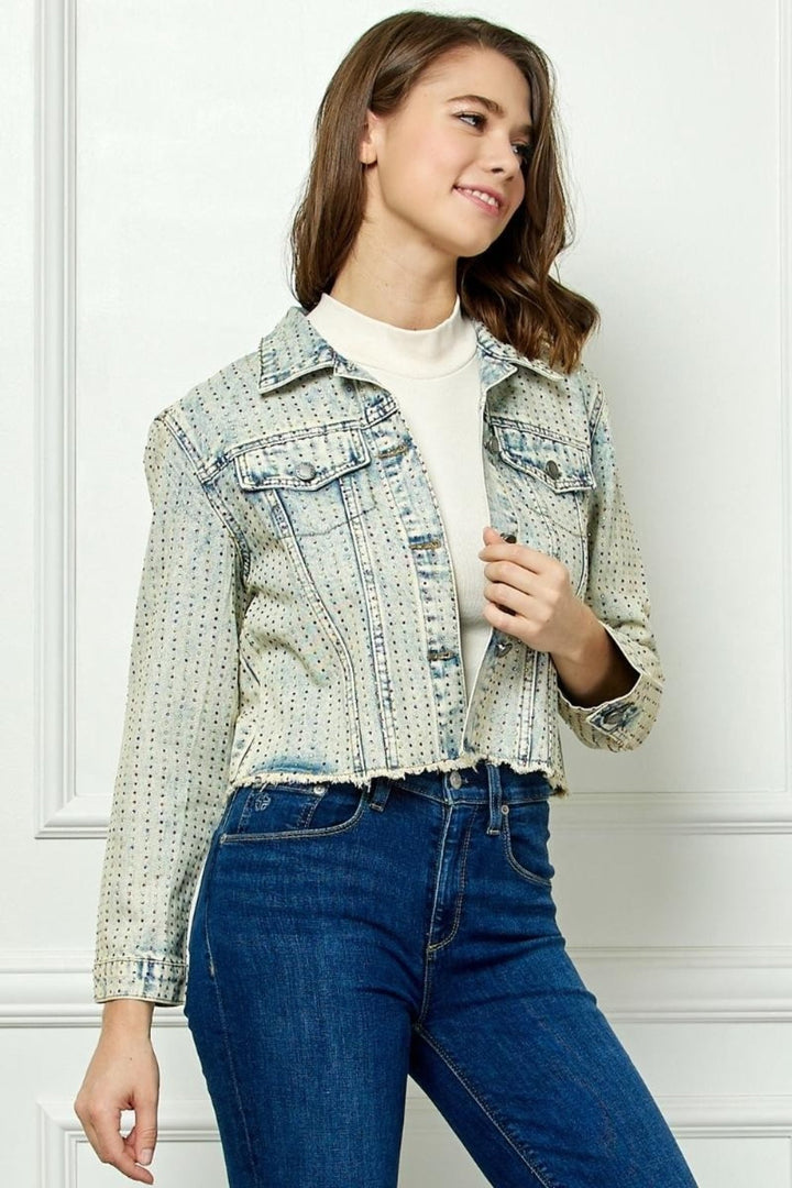 Stilla | Multi Color Stripe Rhinestone Raw Hem Denim Jacket