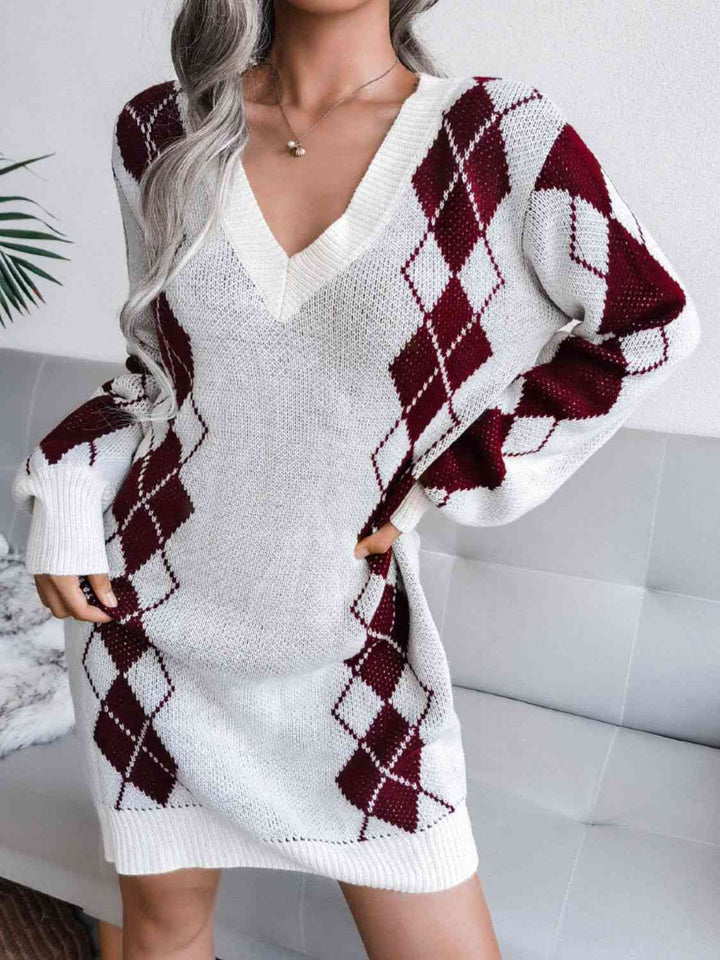 Stilla | Højre Argyle V-hals Ribbet Kant Sweater Kjole