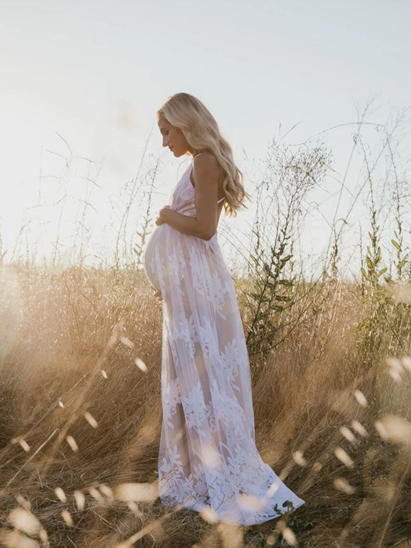Stilla | Kjole Til Fotoshoot Net Broderi Maxi Maternitet Kjole Elegante Festkjole