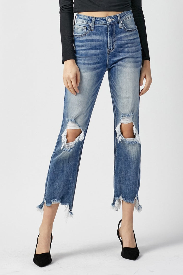 Stilla | Høj Talje Distressed Flosset Kant Beskåret Lige Jeans