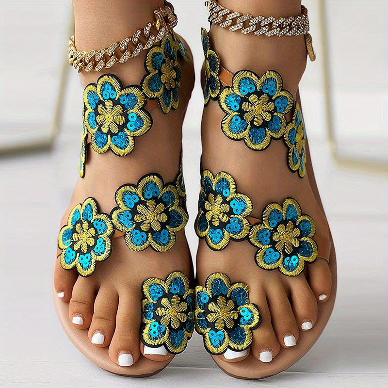 Stilla | Dame Blomster Sandaler På Platform, Slip on Med Perler Og Strap På Tå