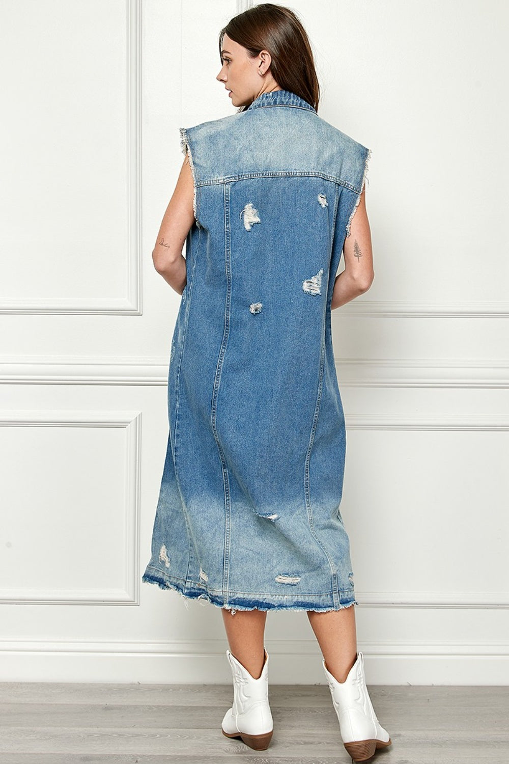 Stilla | Full Size Distressed Without Sleeves Longline Denim Jacket