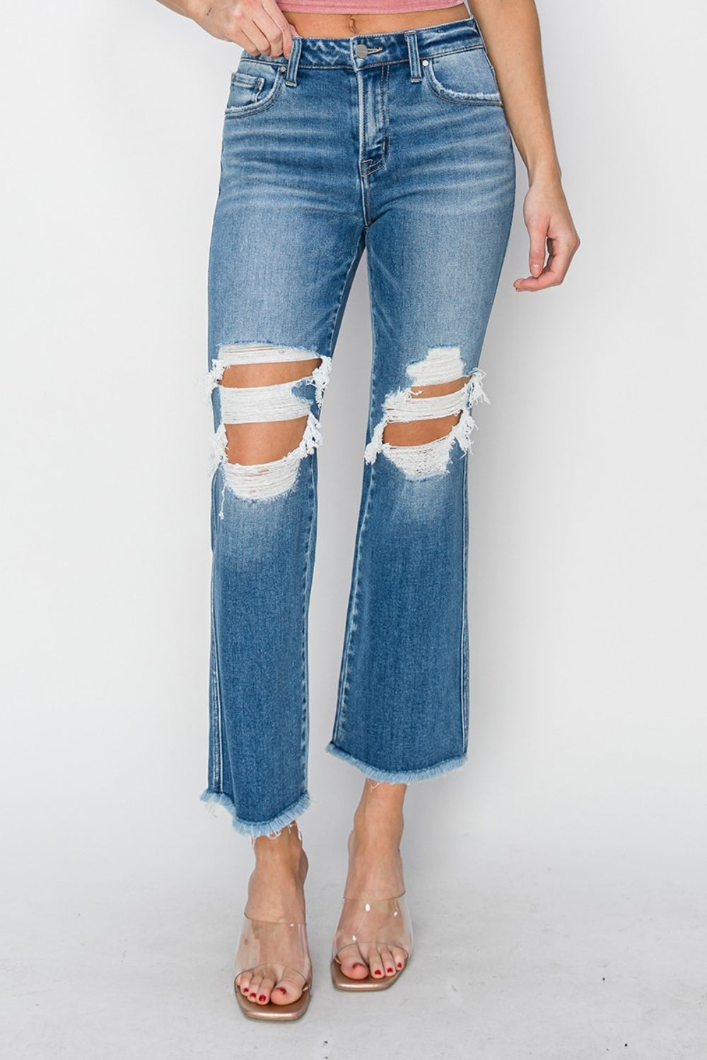 Stilla | Mid Rise Distressed Cropped Flare Jeans