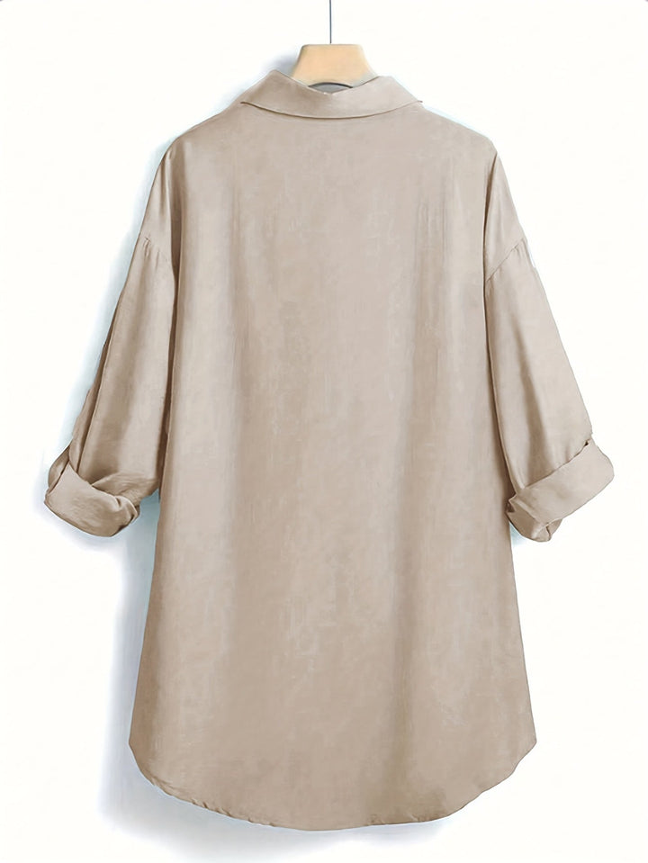 Stilla | Beige Hørbluse V-Hals, Lange Ærmer, Knaplukning, Brystlomme