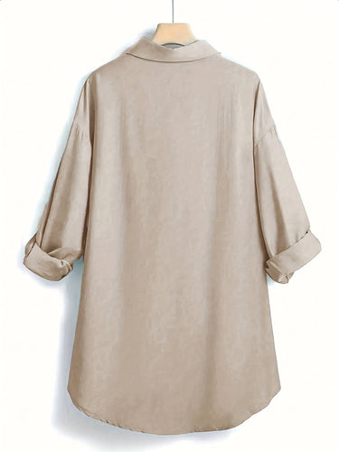 Stilla | Beige Hørbluse V-Hals, Lange Ærmer, Knaplukning, Brystlomme