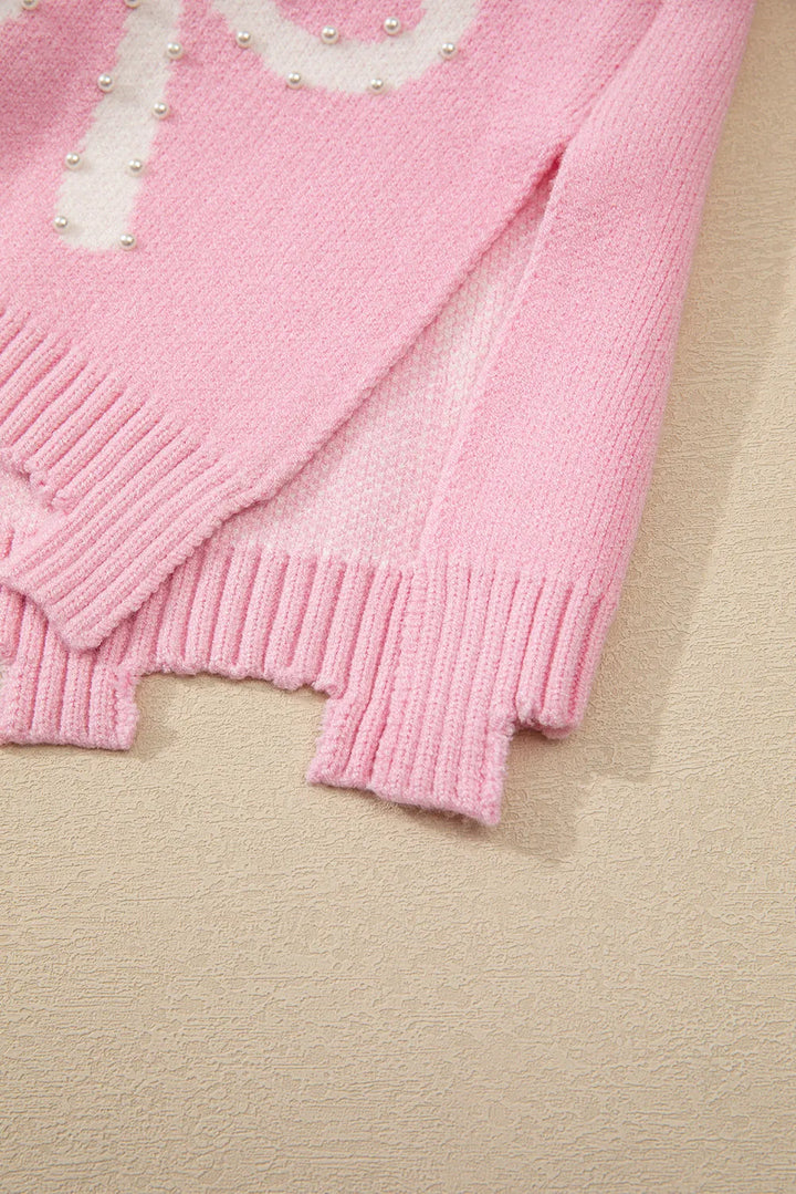 Stilla | Rundhalset Pullover Med Lange Ærmer og Perler samt Sløjfedetalje