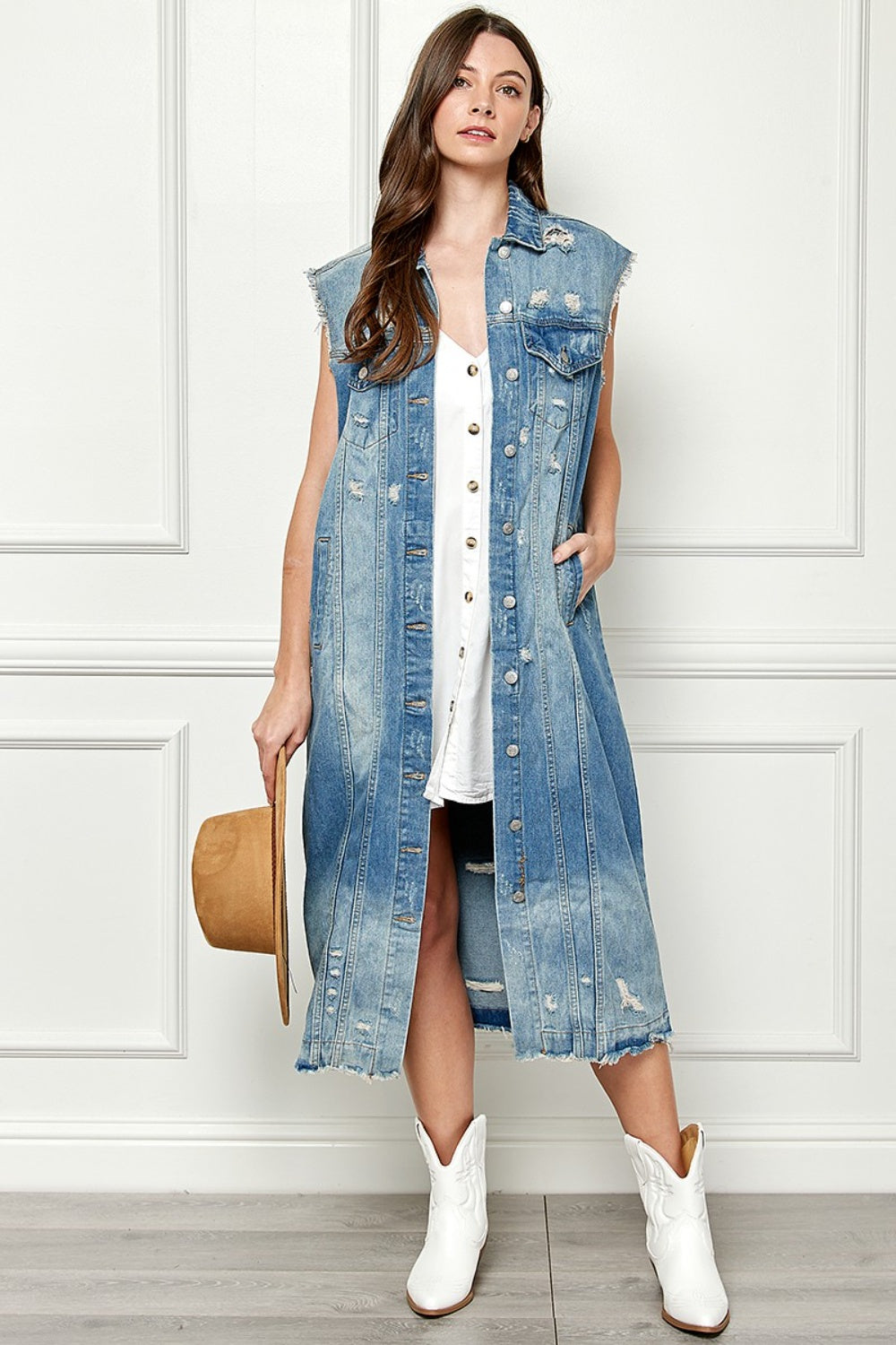 Stilla | Full Size Distressed Without Sleeves Longline Denim Jacket