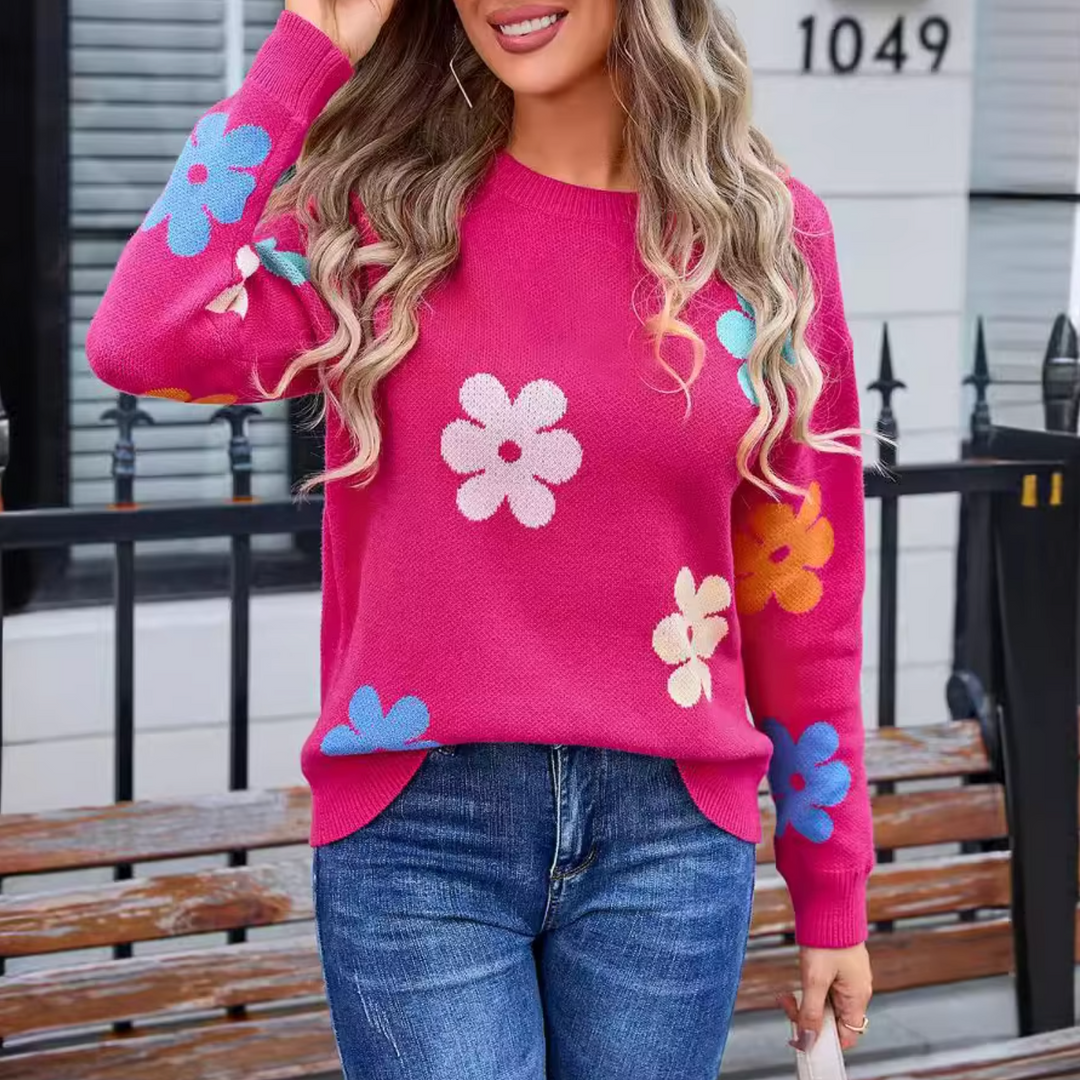 Stilla | Strikpullover Med Blomster Mønster