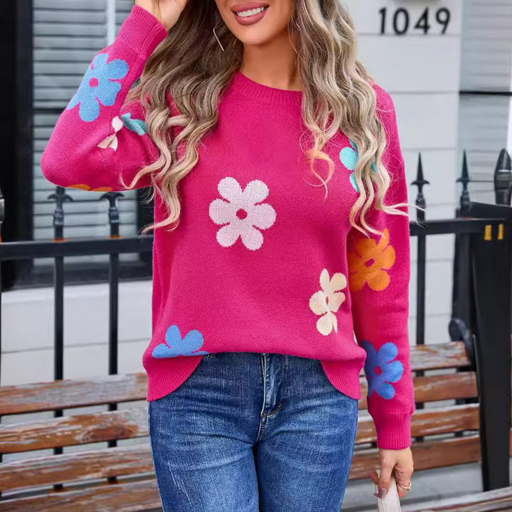 Stilla | Strikpullover Med Blomster Mønster