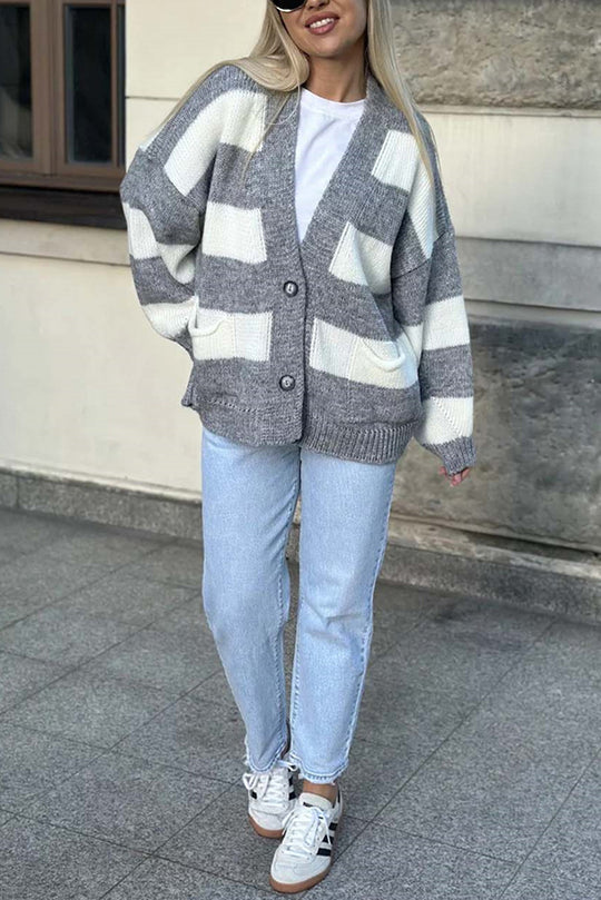 Stilla | Stribet Casual Cardigan Med Lange Ærmer, Lommer Og V-udskæring
