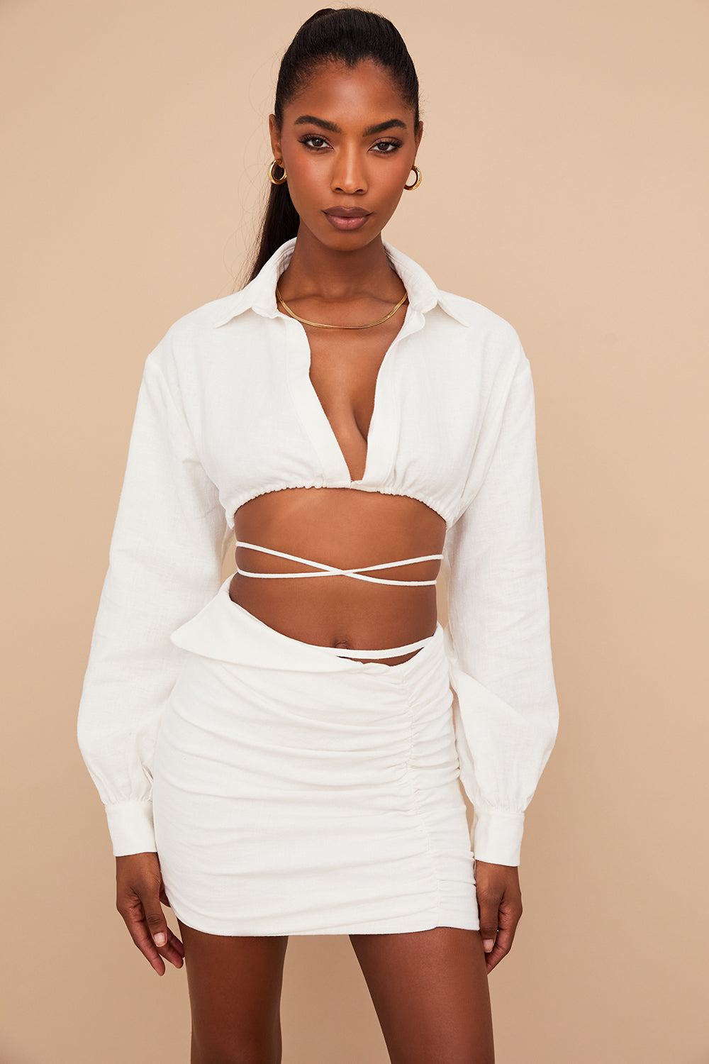 Stilla | Off White Cropped Slå Om Skjorte Med Foldet Talje Mini Nederdel