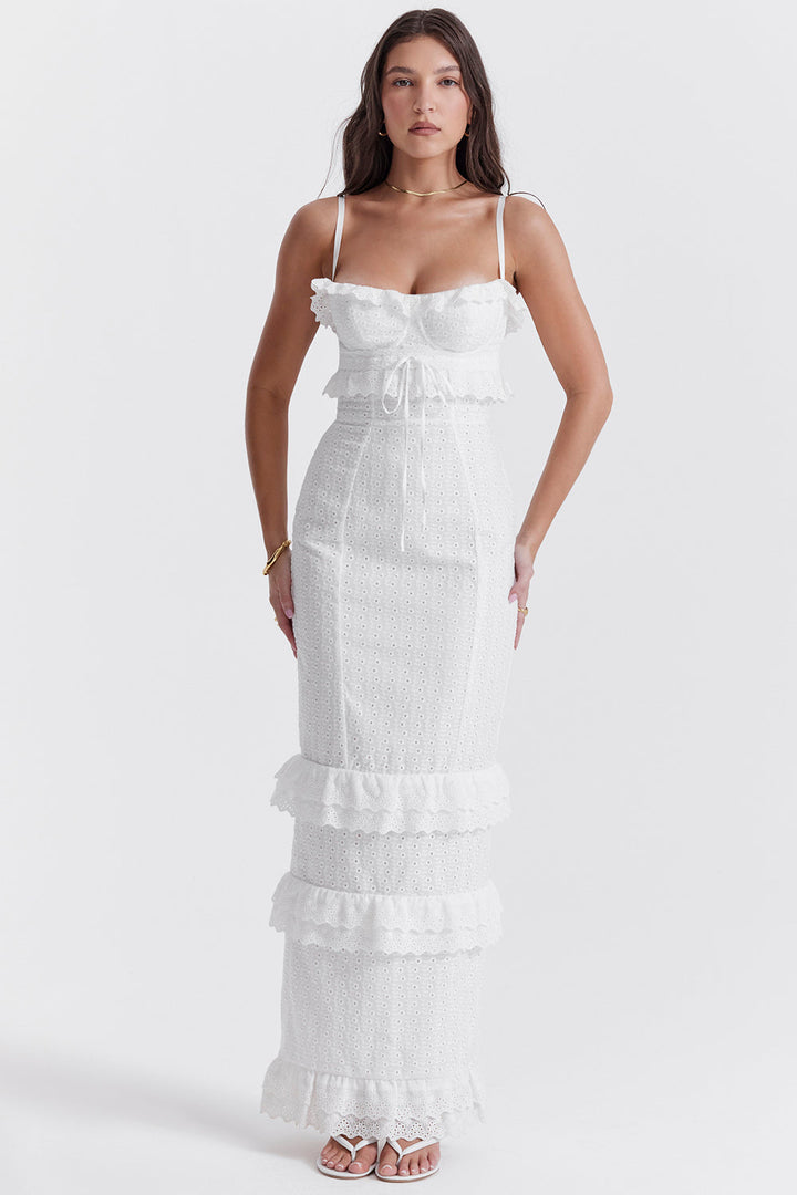 Stilla | Hvid Broderie Maxi Kjole