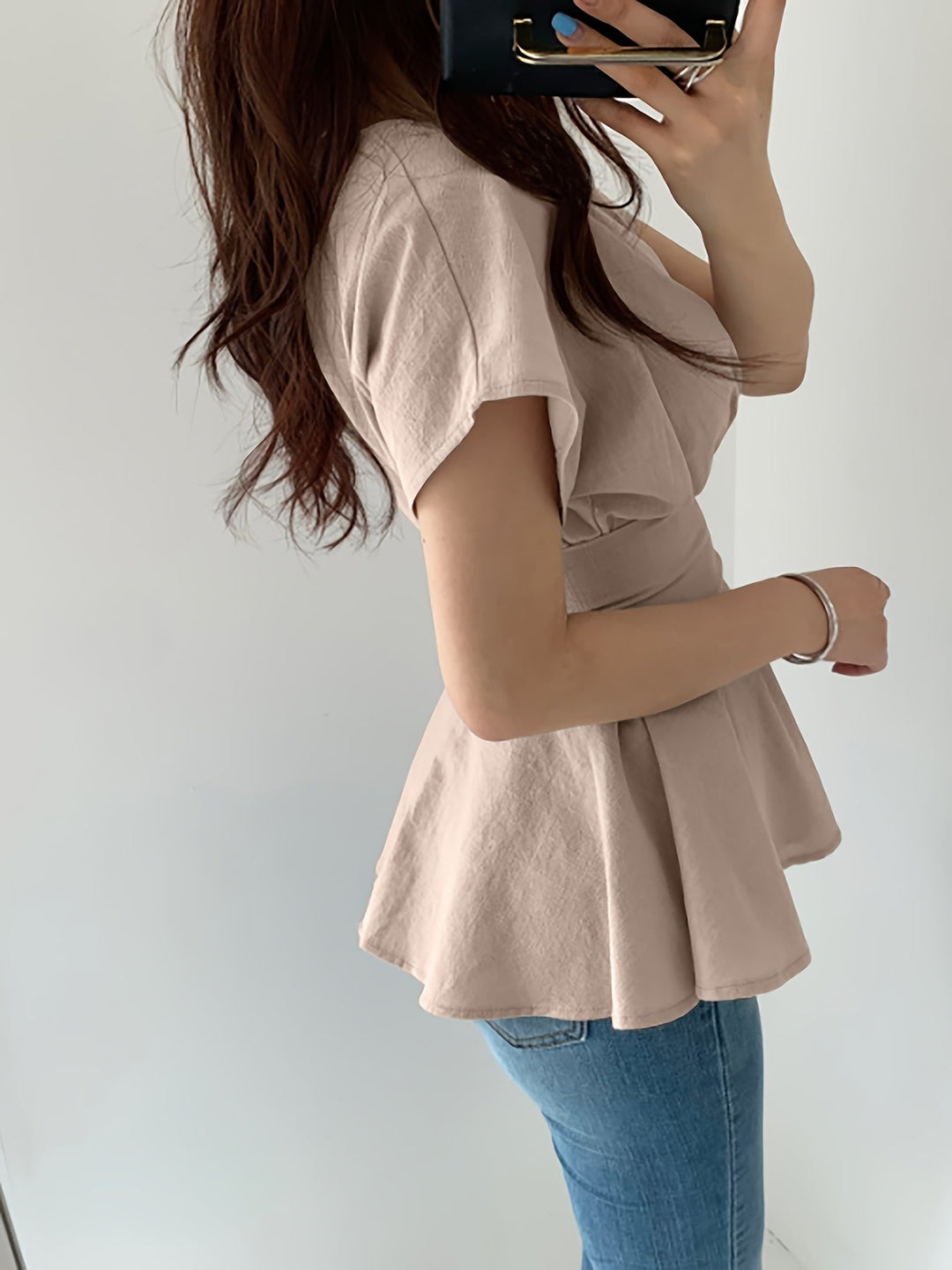 Stilla | Beige Dametop Med Rynket Bund