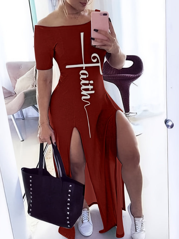 Stilla | Mode Faith Trykt Korte Ærmer Off Shoulder Split Kjole