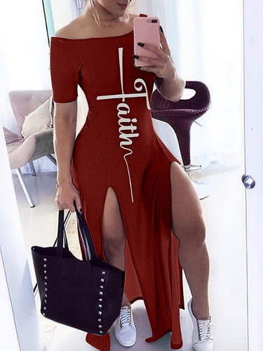 Stilla | Mode Faith Trykt Korte Ærmer Off Shoulder Split Kjole