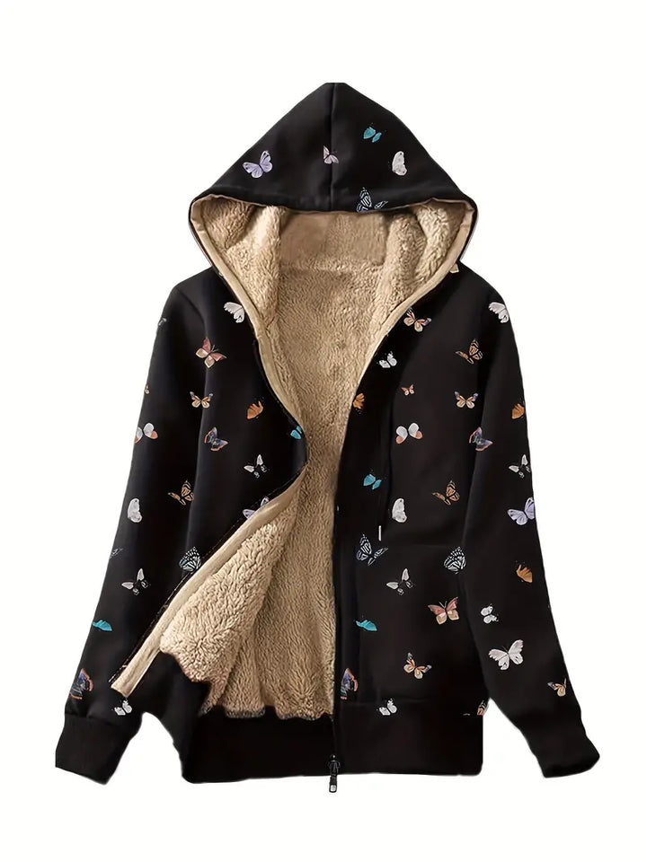 Stilla | Sweatjakke med foer af fake-fur med sommerfuglevinge-print