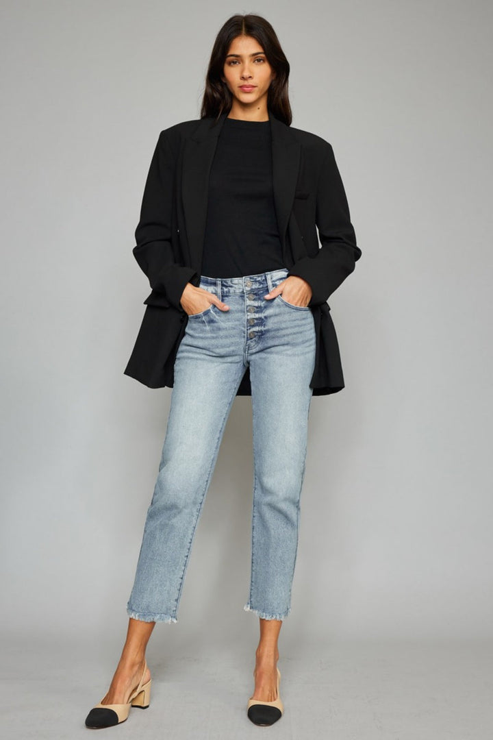 Stilla | Høj Talje Knap Fly Raw Hem Beskårede Lige Jeans