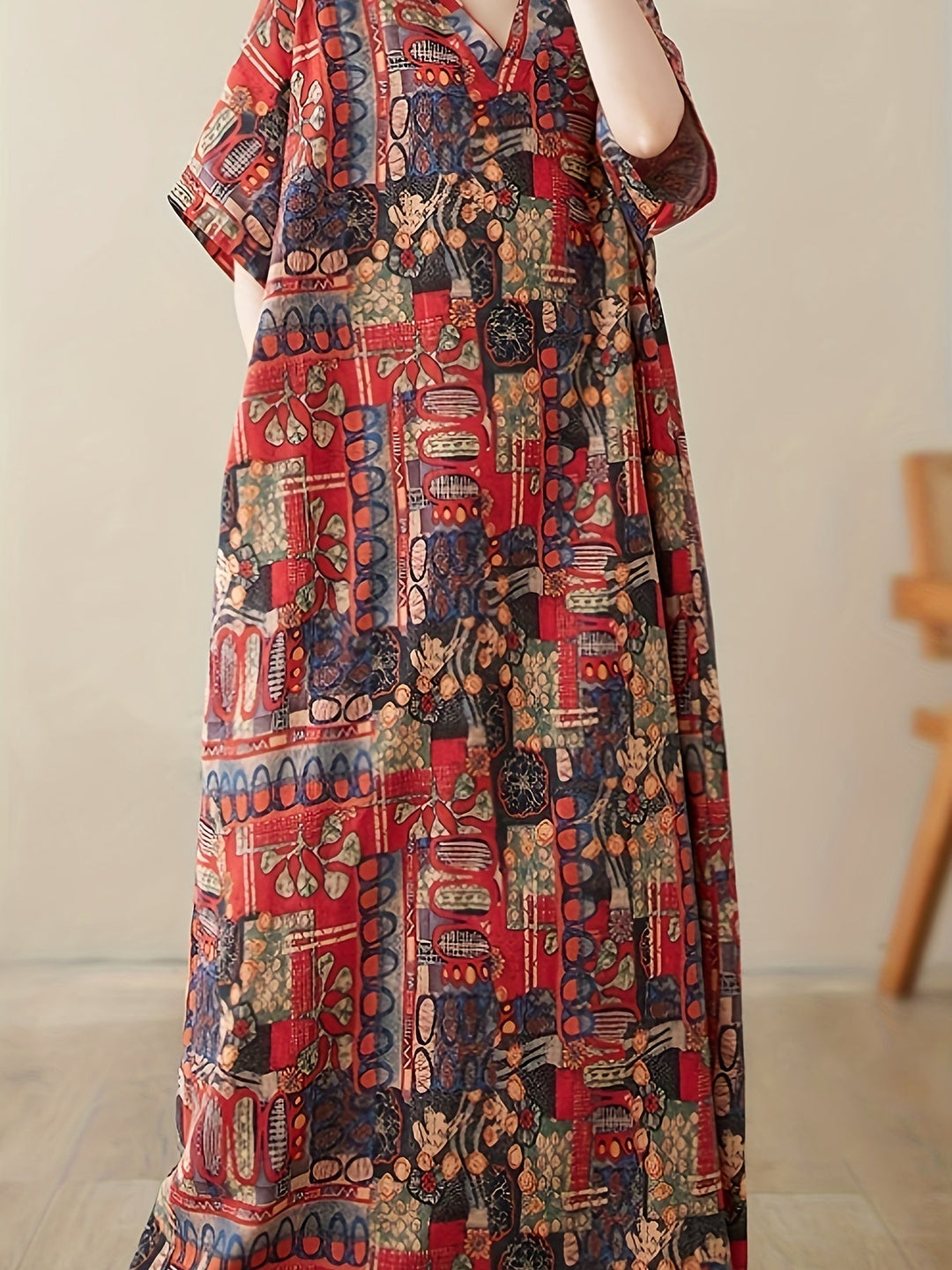 Stilla | Boho Linned Maxi Kjole Med Lommer V-Hals, Korte Ærmer