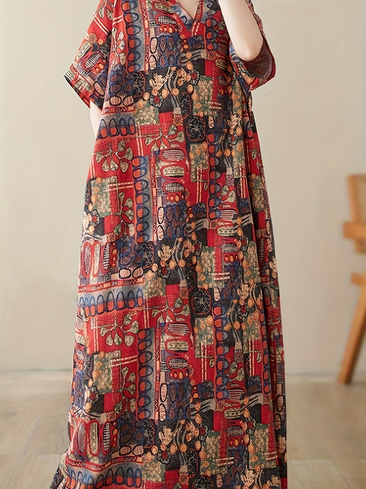 Stilla | Boho Linned Maxi Kjole Med Lommer V-Hals, Korte Ærmer