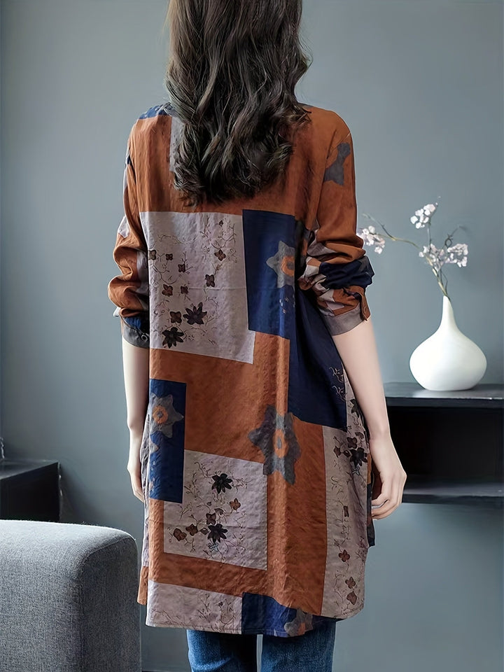 Stilla | Linned Bluse Oversize, Geometrisk Tryk, Lange Ærmer, Blanding Af Silke