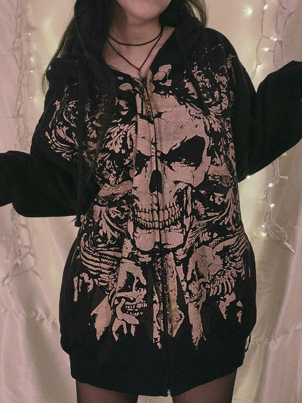 Stilla | Vintage Dødningehovedprint Oversized Hoodie med Lynlås
