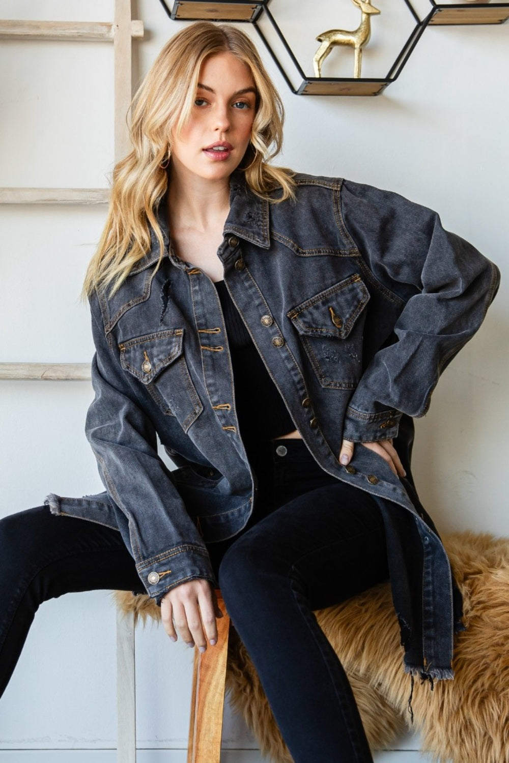 Stilla | Knap Up Distressed Flossede Kant Denim Jakke