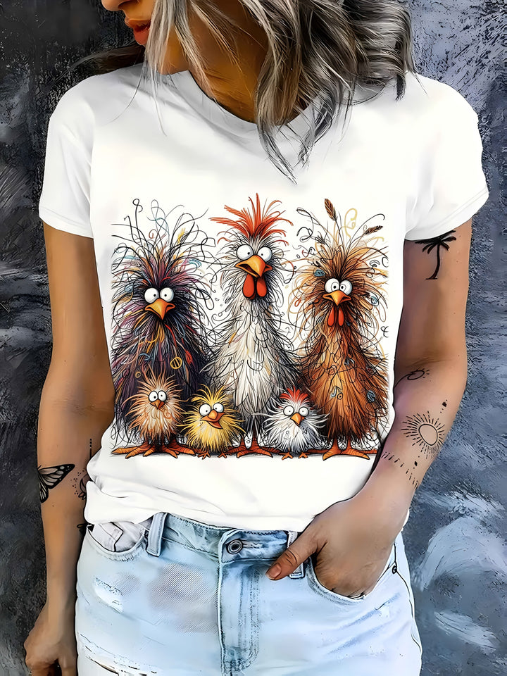 Stilla | Dame T-Shirt Sommershirt Med Kyllingetryk, Rund Halsudskæring, Korte Ærmer, Afslappet Og Komfortabel