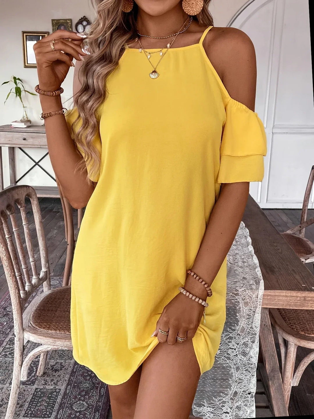 Stilla | Gul Midi Kjole Sexet Sommerkjole Uden Stropper Løs Polyester Kjole Med Stropper