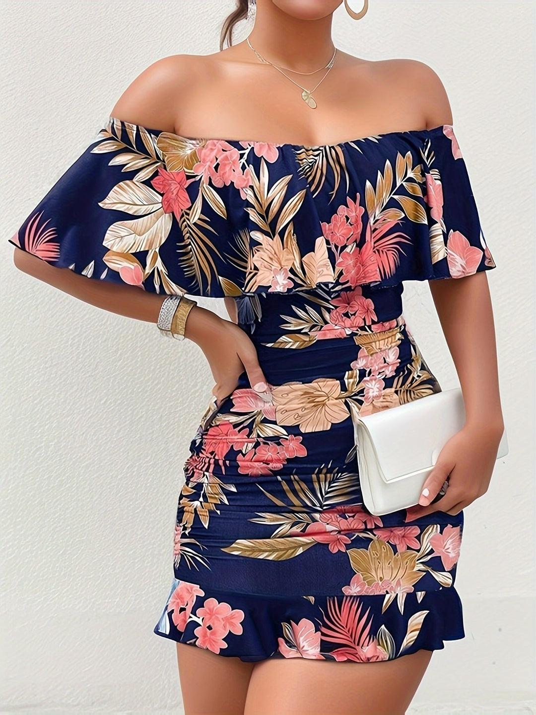 Stilla | Shoulder Kjole Med Blomster Sexy Bodycon Med Rynkninger Til Forår Og Sommer