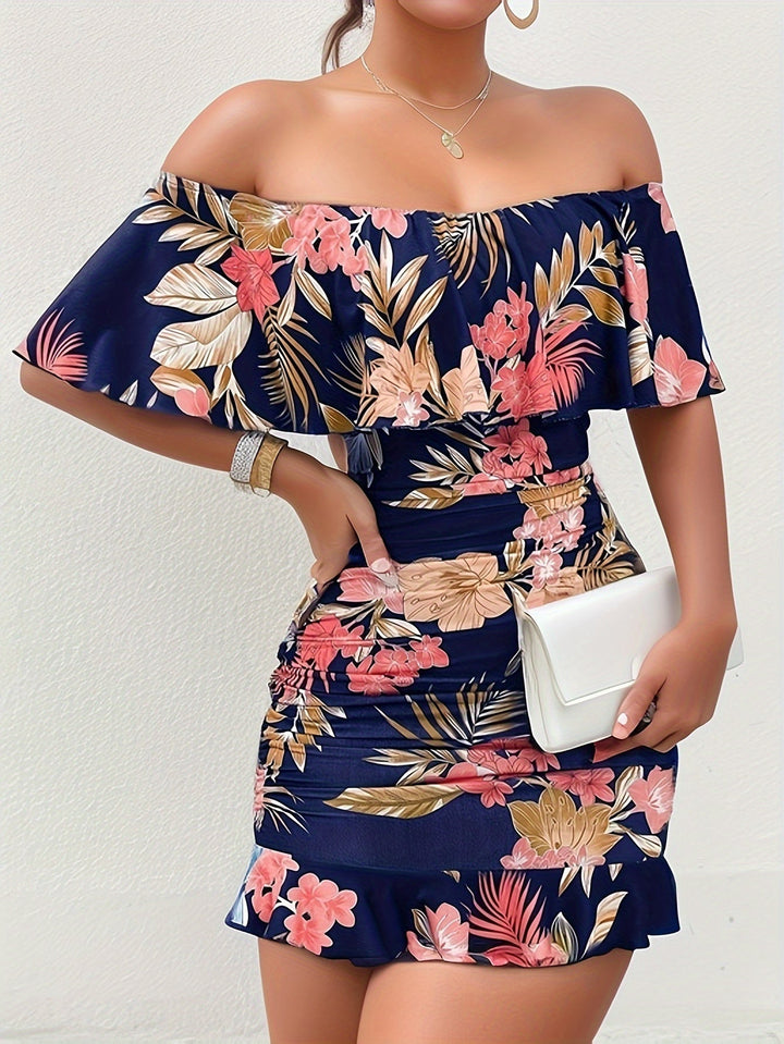 Stilla | Shoulder Kjole Med Blomster Sexy Bodycon Med Rynkninger Til Forår Og Sommer