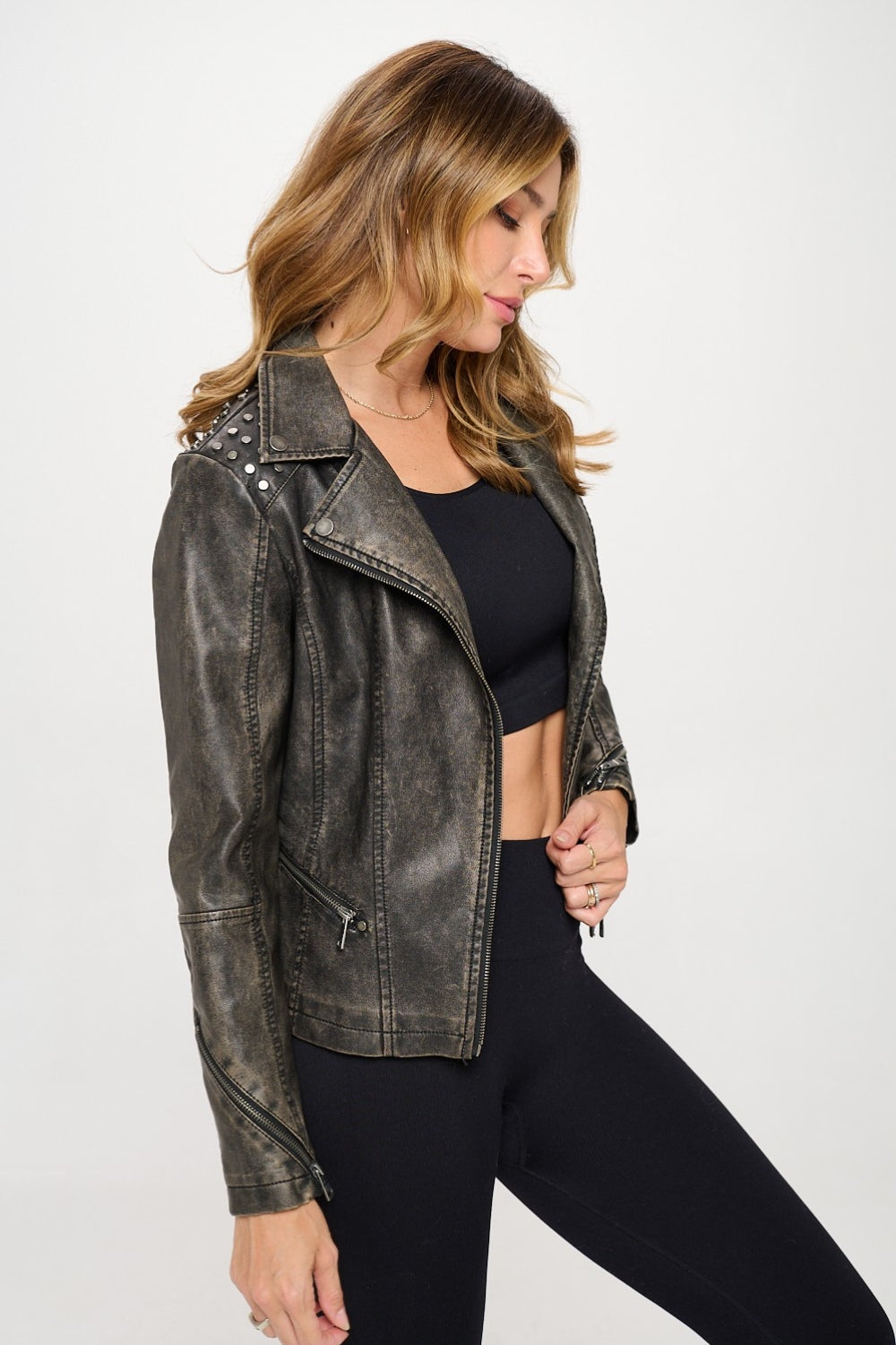 Stilla | LA Studded Classic Moto Faux Leather Jacket