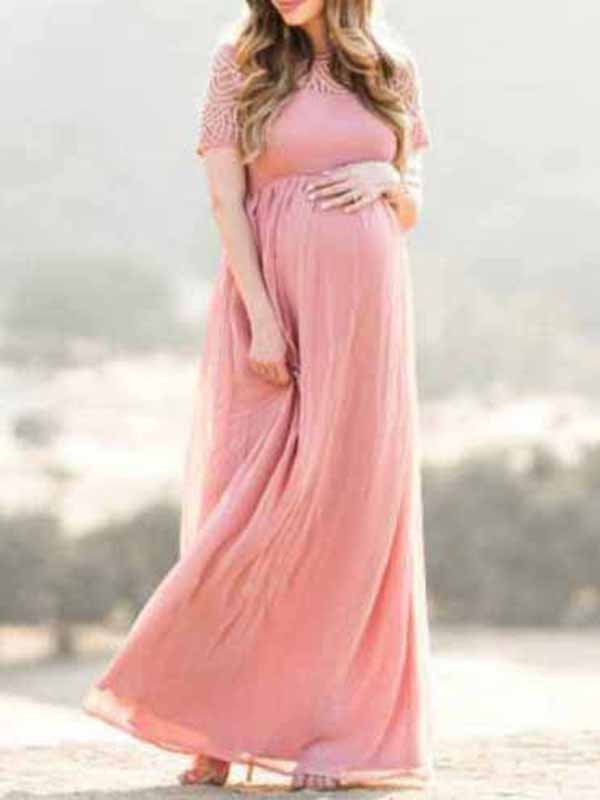 Stilla | Lang Kjole Til Baby Shower Fotoshoot in Elegante Plisseret Blonde Hverdag Hverdag Graviditet