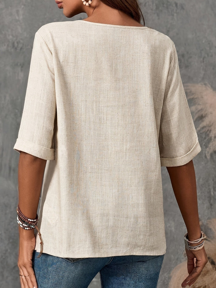Stilla | Bluse Med Knapper Khaki, Halvlange Ærmer Afslappet Top
