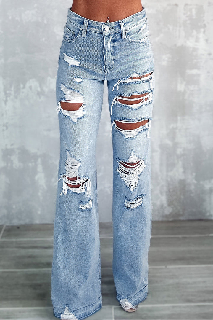 Stilla | Blå Vintage Slidte Rivne Bred Ben Jeans