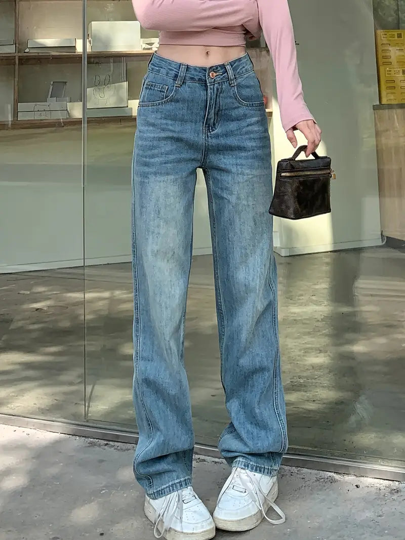Stilla | Høj Talje Jeans Med Brede Ben Klassisk, Vaskede Denim En Løs Pasform