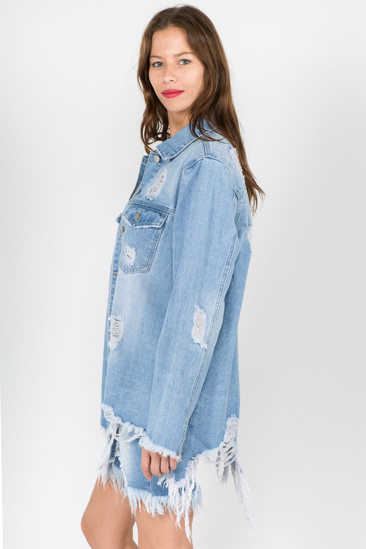 Stilla | Amerikansk Bazi Jeansjakke I Used Look Med Frynset Kant