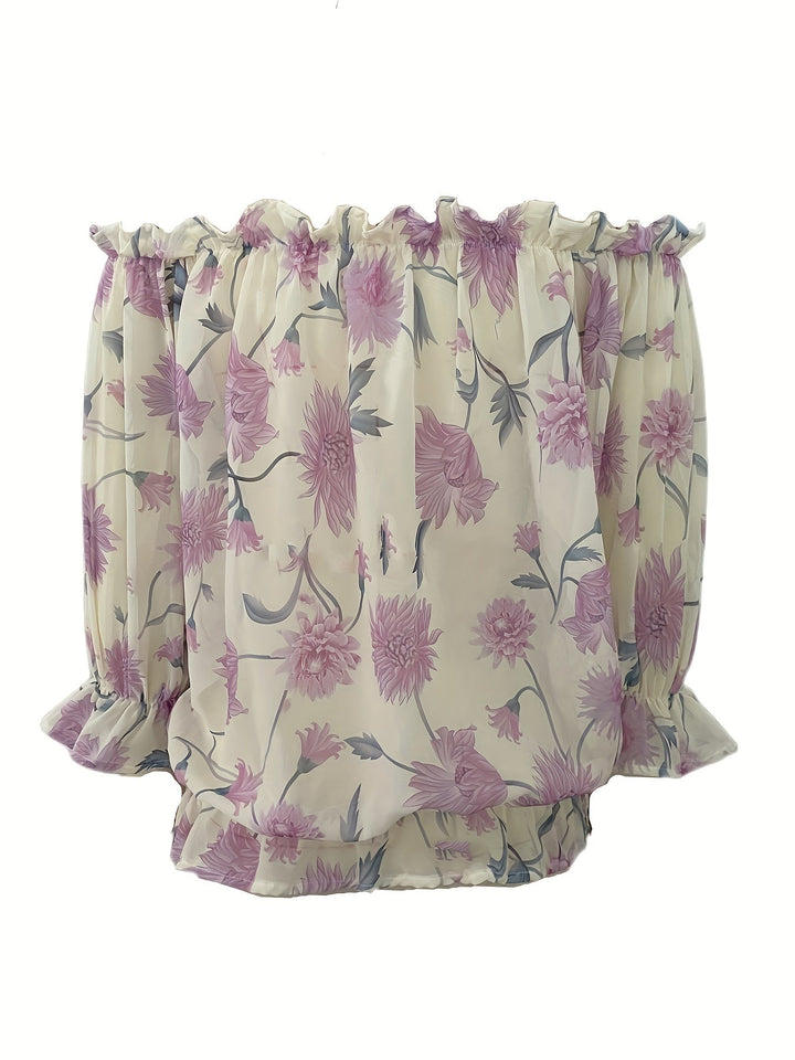 Stilla | Lettet Chiffon Bluse Der Afslører Skuldrene Ballonsleeves Blomstermønster
