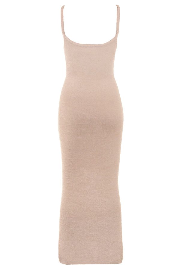 Stilla | Kaki Blød Fluffy Strikket Maxi Kjole