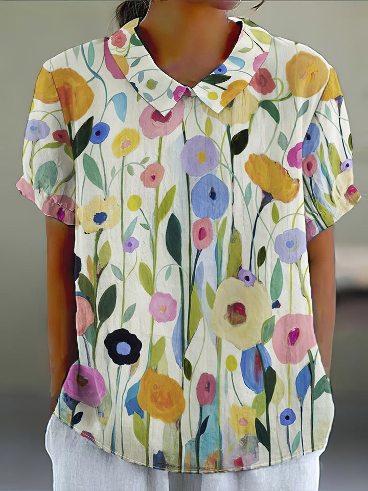 Stilla | Linned Blouse Til Kvinder Med Blomsterdesign Oliemaleri