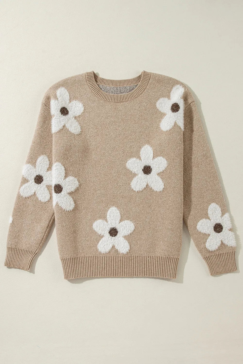 Stilla | Striktrøje med lange ærmer og blomsteragtig rund halsudskæring