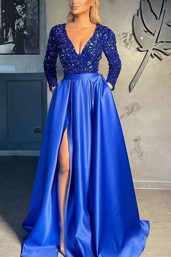 Stilla | Pragtfuld Langærmet V-hals Sequin Satin Festkjole